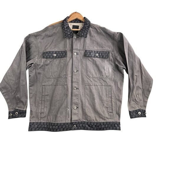 Godbody Jacket Men's 2XL Gray Denim Button Up Monogram Trim Hip Hop Streetwear - Picture 1 of 16
